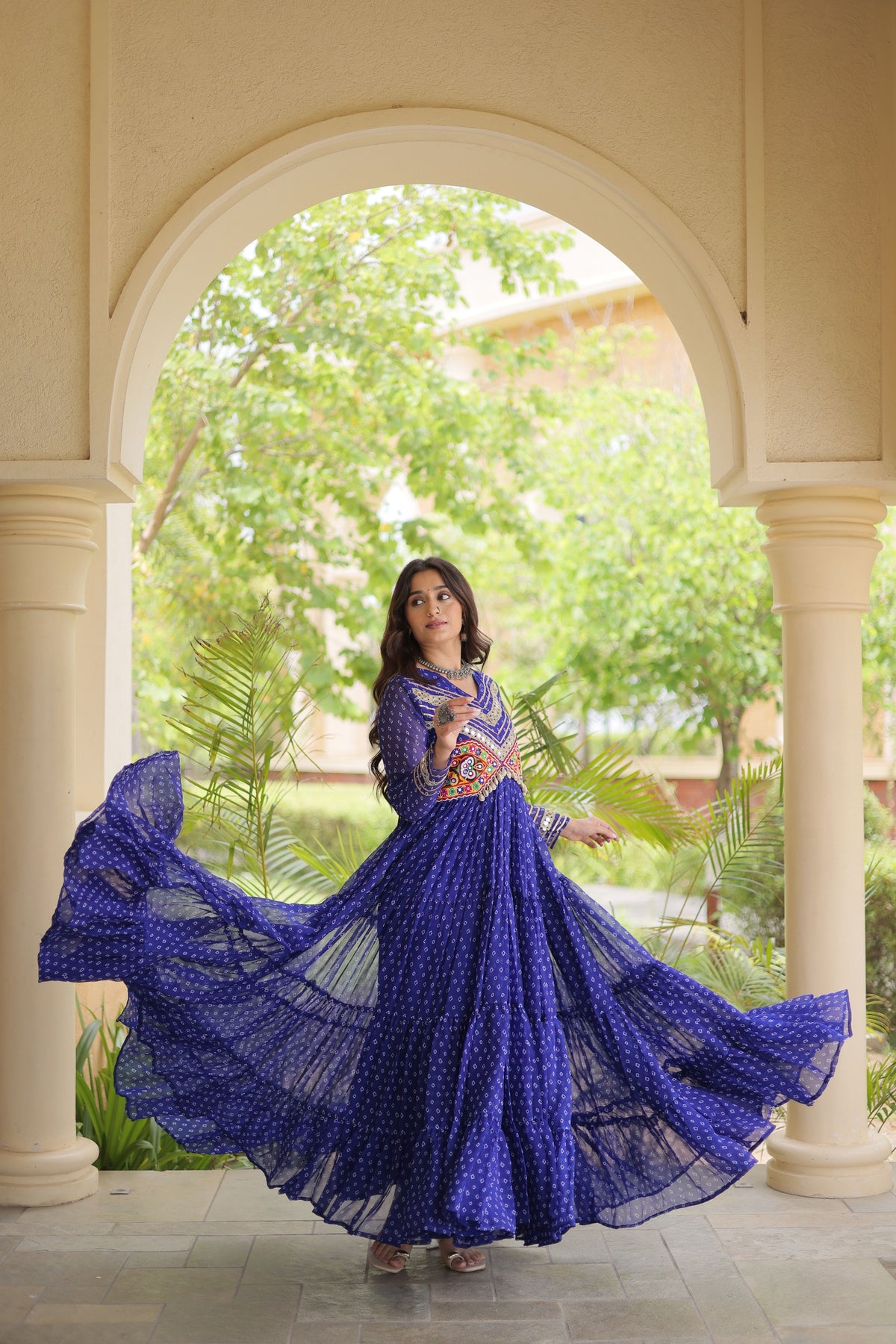 Elegant Navy Blue Faux Georgette Bandhani Printed Designer Gown with Kutchi Patch Work