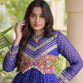 Elegant Navy Blue Faux Georgette Bandhani Printed Designer Gown with Kutchi Patch Work