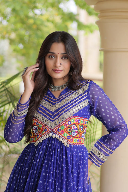 Elegant Navy Blue Faux Georgette Bandhani Printed Designer Gown with Kutchi Patch Work