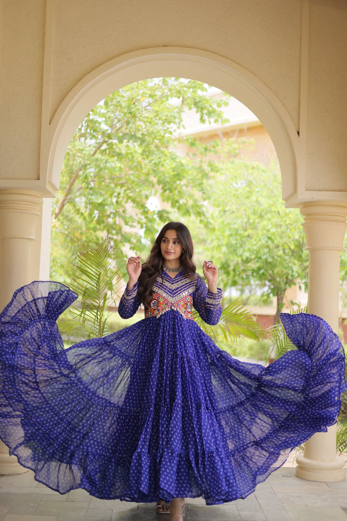 Elegant Navy Blue Faux Georgette Bandhani Printed Designer Gown with Kutchi Patch Work