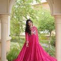Beautiful Rani Pink Faux Georgette Bandhani Printed Designer Gown with Kutchi Patch Work