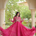 Beautiful Rani Pink Faux Georgette Bandhani Printed Designer Gown with Kutchi Patch Work