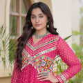 Beautiful Rani Pink Faux Georgette Bandhani Printed Designer Gown with Kutchi Patch Work