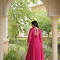 Beautiful Rani Pink Faux Georgette Bandhani Printed Designer Gown with Kutchi Patch Work