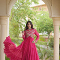 Beautiful Rani Pink Faux Georgette Bandhani Printed Designer Gown with Kutchi Patch Work