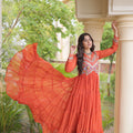 Stunning Orange Faux Georgette Bandhani Printed Designer Gown with Kutchi Patch Work