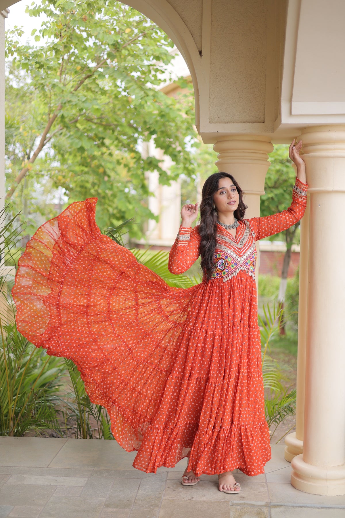 Stunning Orange Faux Georgette Bandhani Printed Designer Gown with Kutchi Patch Work