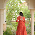 Stunning Orange Faux Georgette Bandhani Printed Designer Gown with Kutchi Patch Work