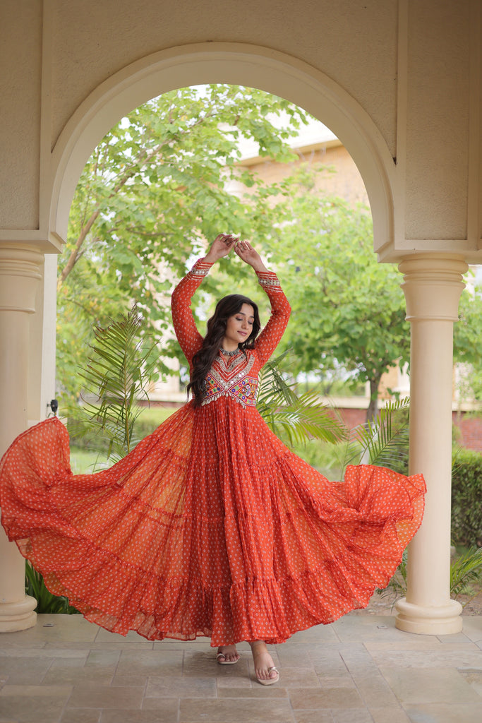 Stunning Orange Faux Georgette Bandhani Printed Designer Gown with Kutchi Patch Work
