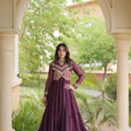 Stylish Wine Faux Georgette Bandhani Printed Designer Gown with Kutchi Patch Work