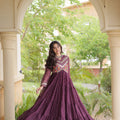 Stylish Wine Faux Georgette Bandhani Printed Designer Gown with Kutchi Patch Work
