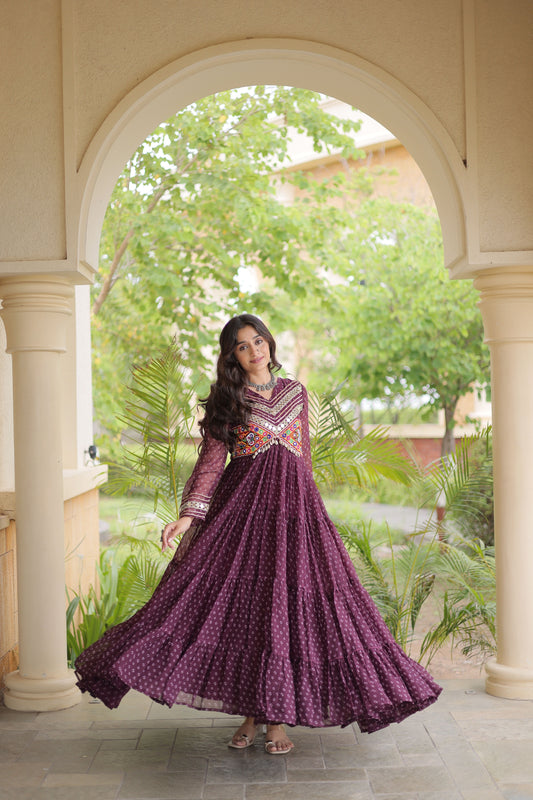 Stylish Wine Faux Georgette Bandhani Printed Designer Gown with Kutchi Patch Work