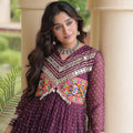Stylish Wine Faux Georgette Bandhani Printed Designer Gown with Kutchi Patch Work