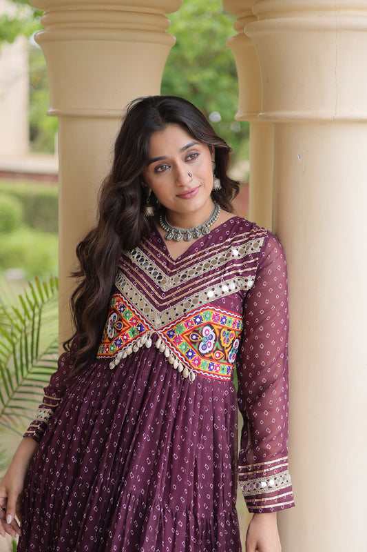 Stylish Wine Faux Georgette Bandhani Printed Designer Gown with Kutchi Patch Work