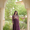 Stylish Wine Faux Georgette Bandhani Printed Designer Gown with Kutchi Patch Work