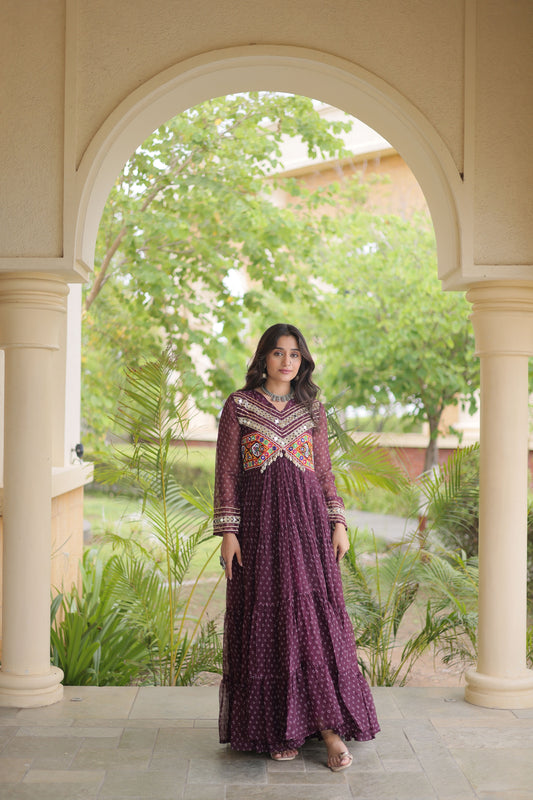 Stylish Wine Faux Georgette Bandhani Printed Designer Gown with Kutchi Patch Work