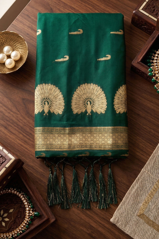 Lovely Rama Green Soft Silk Woven Designer Saree Maroon Border for Women