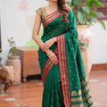 Lovely Rama Green Soft Silk Woven Designer Saree Maroon Border for Women