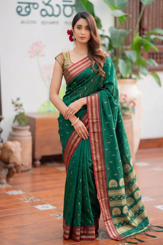 Lovely Rama Green Soft Silk Woven Designer Saree Maroon Border for Women