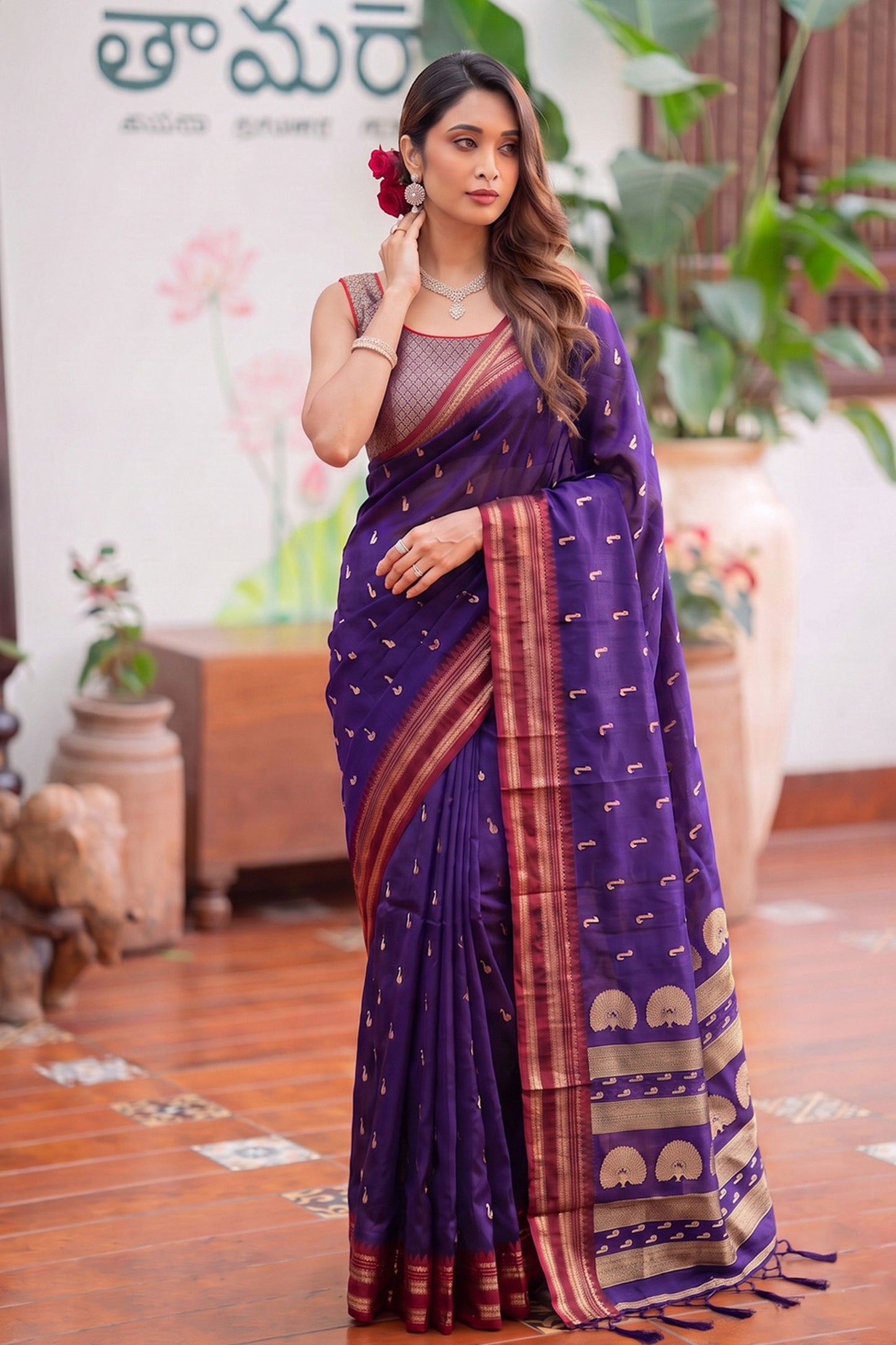 Stylish Purple Soft Silk Woven Designer Saree Maroon Border for Women