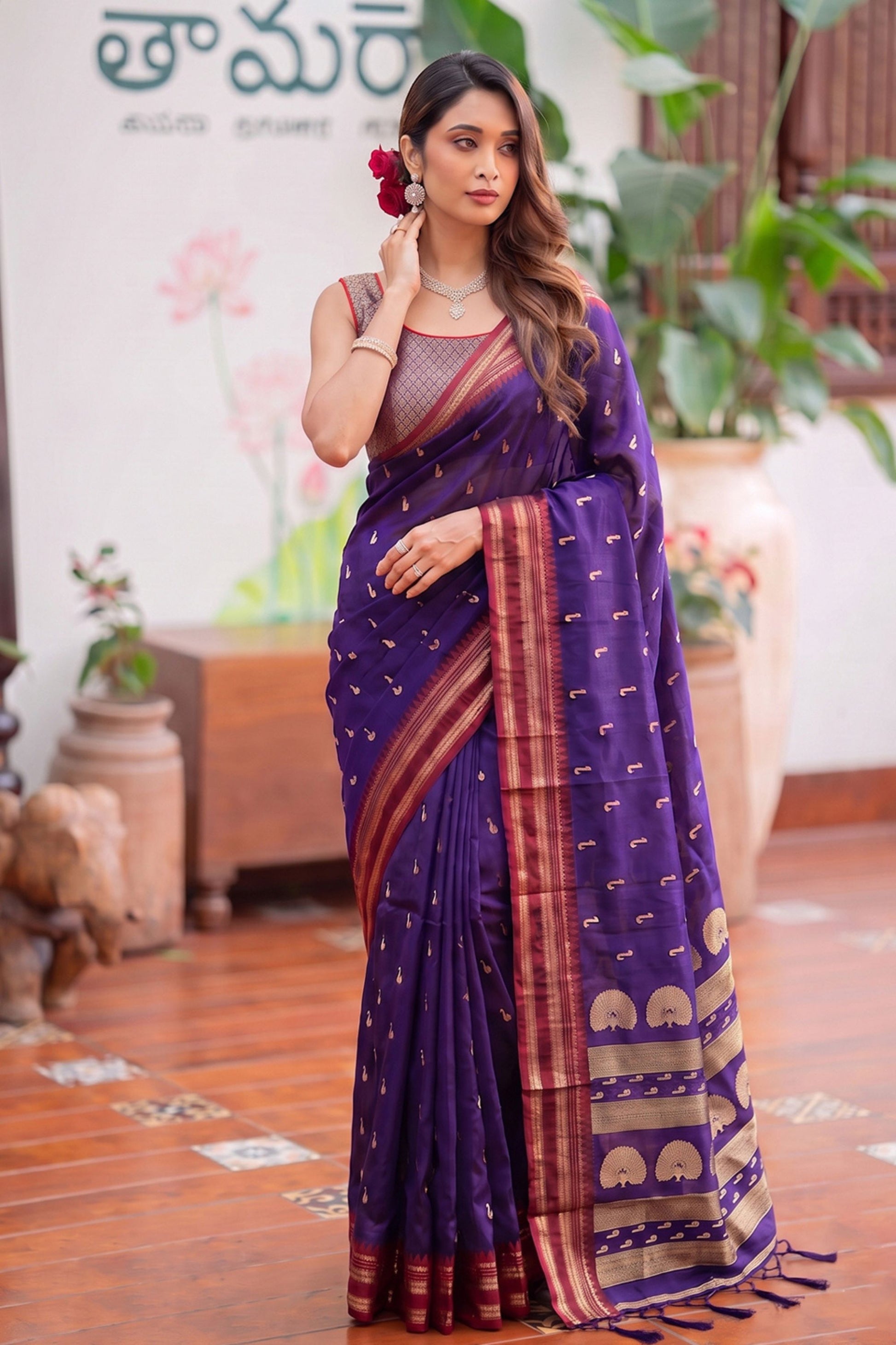 Stylish Purple Soft Silk Woven Designer Saree Maroon Border for Women