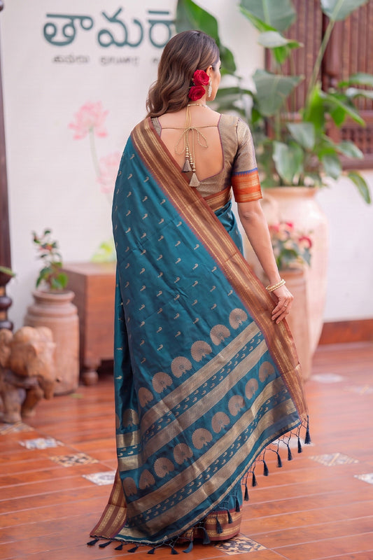 Royal Teal Blue Soft Silk Woven Designer Saree Border for Women