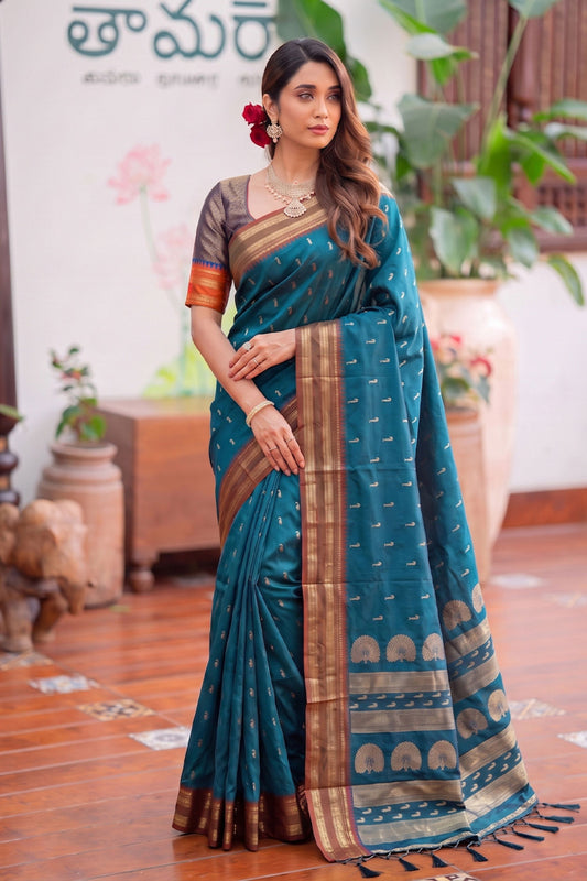 Royal Teal Blue Soft Silk Woven Designer Saree Border for Women