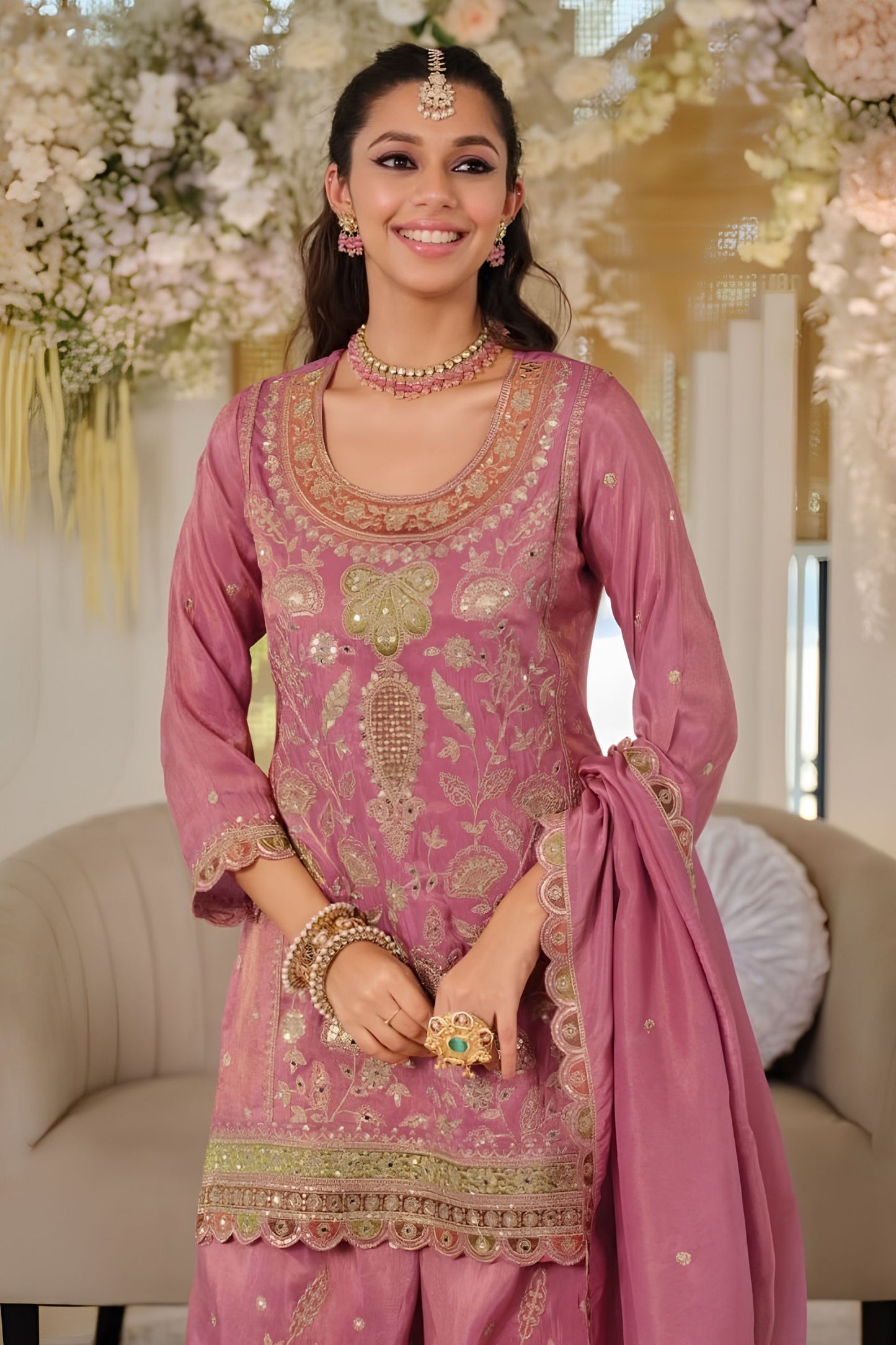 Elegant Dusty Pink Silk Heavy Salwar Suit  Embroidery Work Dupatta for Women
