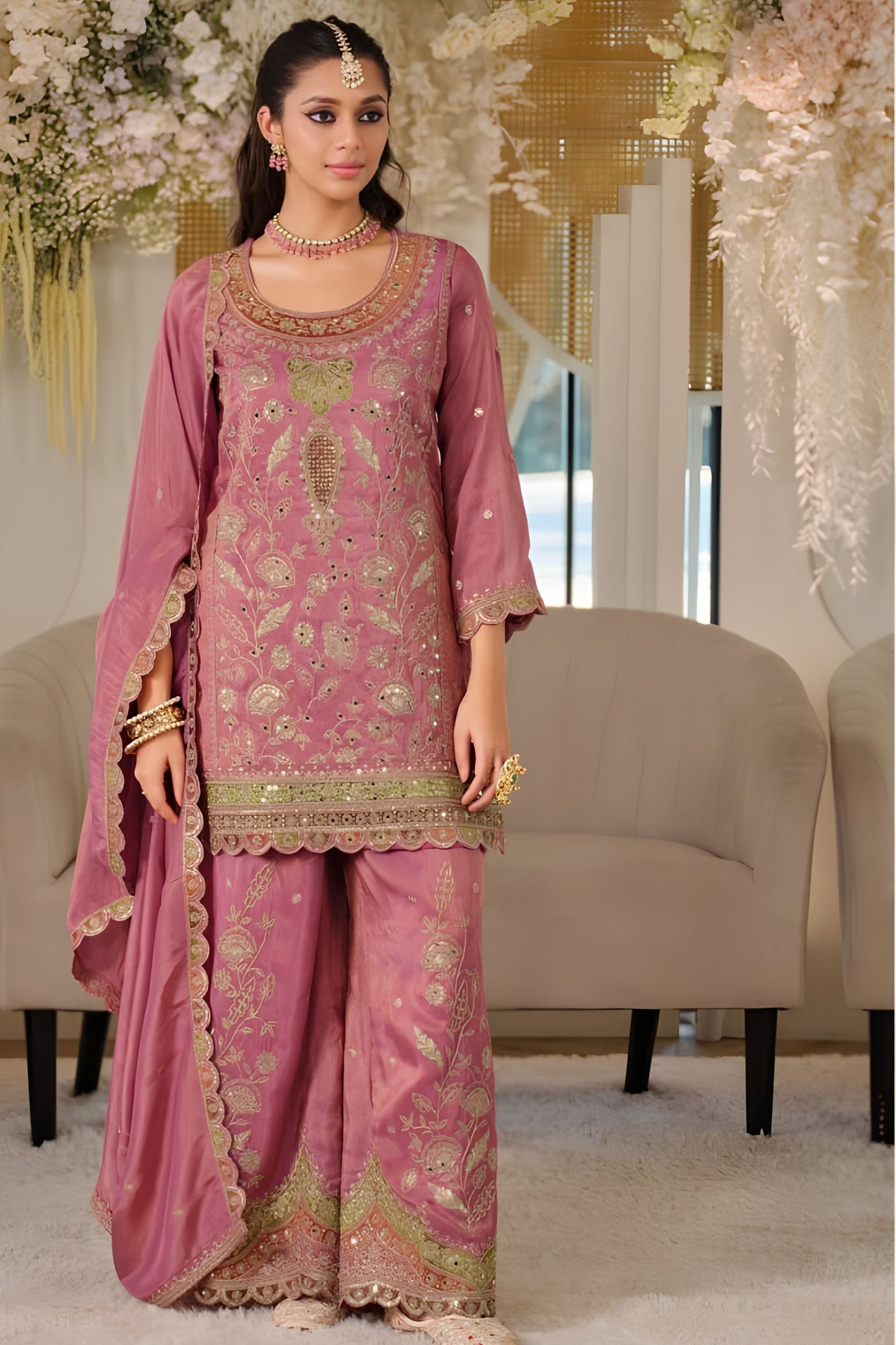 Elegant Dusty Pink Silk Heavy Salwar Suit  Embroidery Work Dupatta for Women