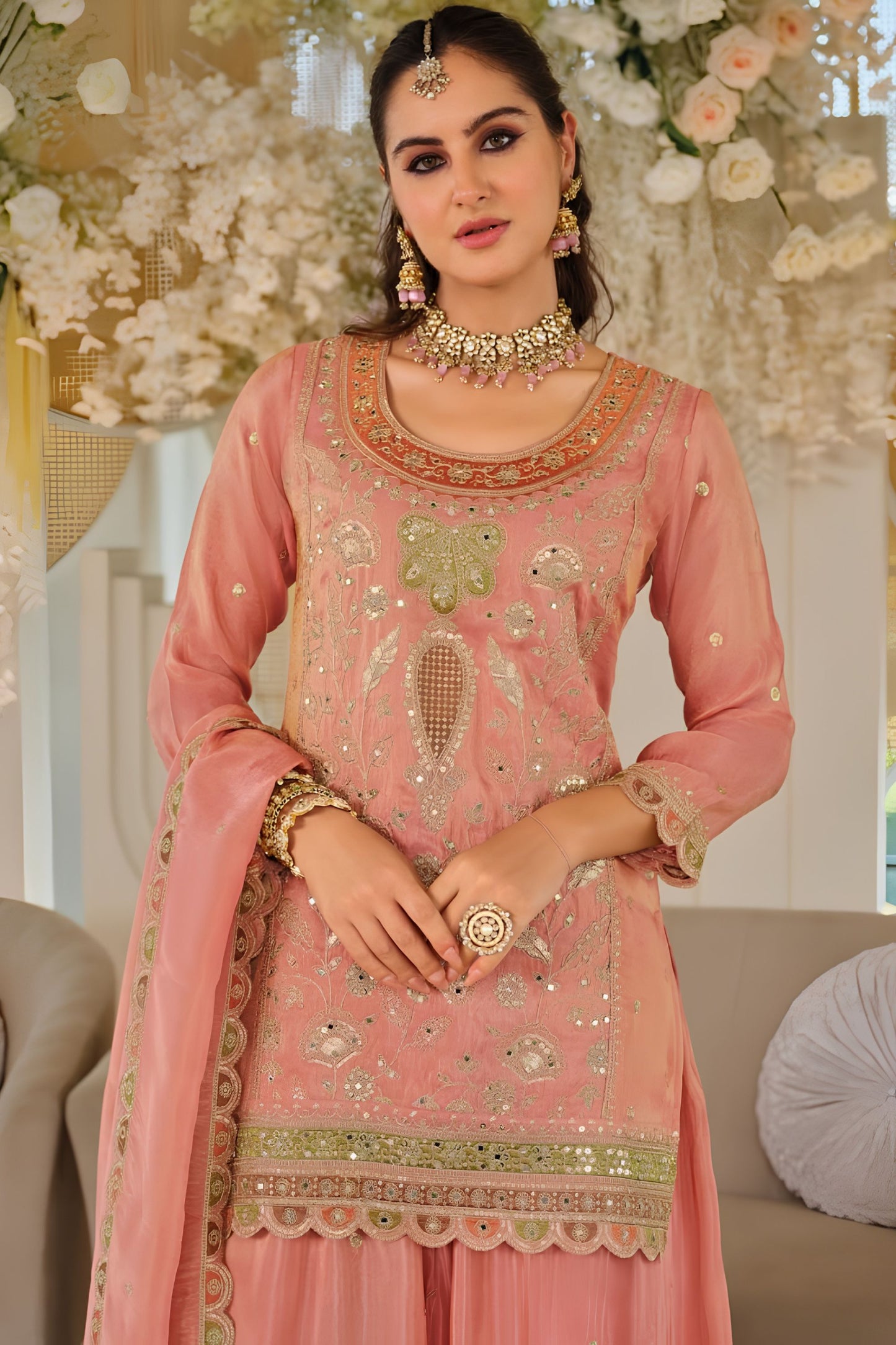Beautiful Peach Silk Heavy Embroidery Straight Salwar Suit Dupatta for Women
