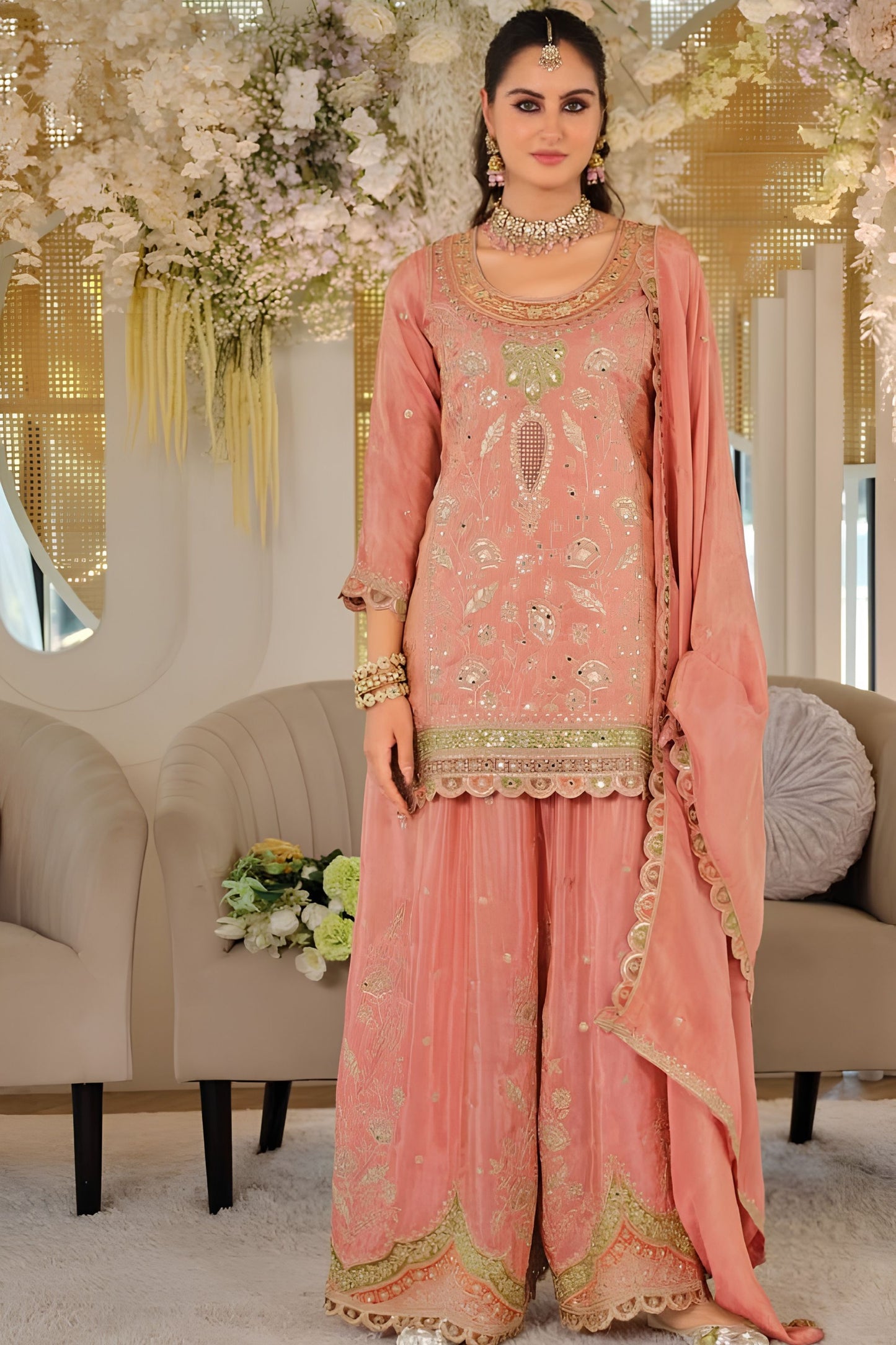 Beautiful Peach Silk Heavy Embroidery Straight Salwar Suit Dupatta for Women