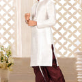 Elegant White Art Silk Kurta with Maroon Dhoti Style Pyjama for Men