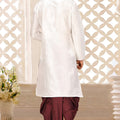 Elegant White Art Silk Kurta with Maroon Dhoti Style Pyjama for Men