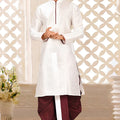 Elegant White Art Silk Kurta with Maroon Dhoti Style Pyjama for Men