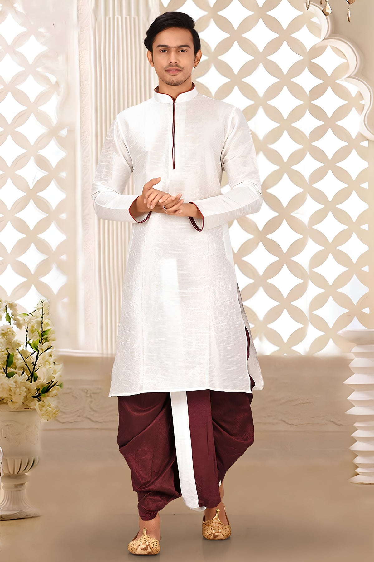 Elegant White Art Silk Kurta with Maroon Dhoti Style Pyjama for Men