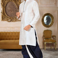 Stylish White Art Silk Kurta with Blue Dhoti Style Pyjama for Men