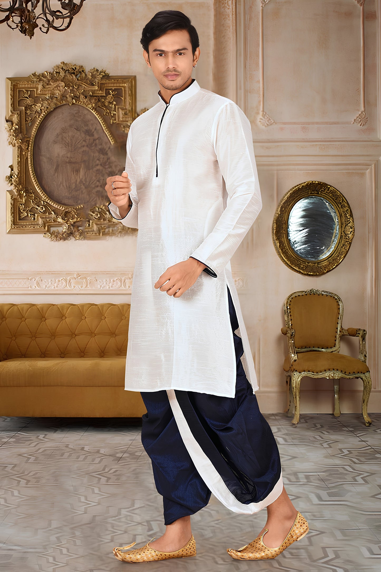 Stylish White Art Silk Kurta with Blue Dhoti Style Pyjama for Men