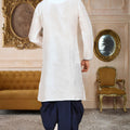 Stylish White Art Silk Kurta with Blue Dhoti Style Pyjama for Men