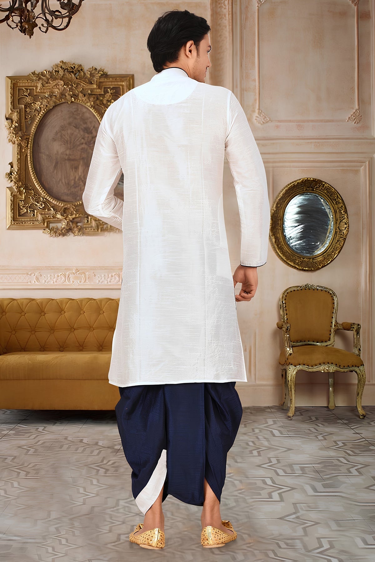 Stylish White Art Silk Kurta with Blue Dhoti Style Pyjama for Men