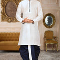 Stylish White Art Silk Kurta with Blue Dhoti Style Pyjama for Men