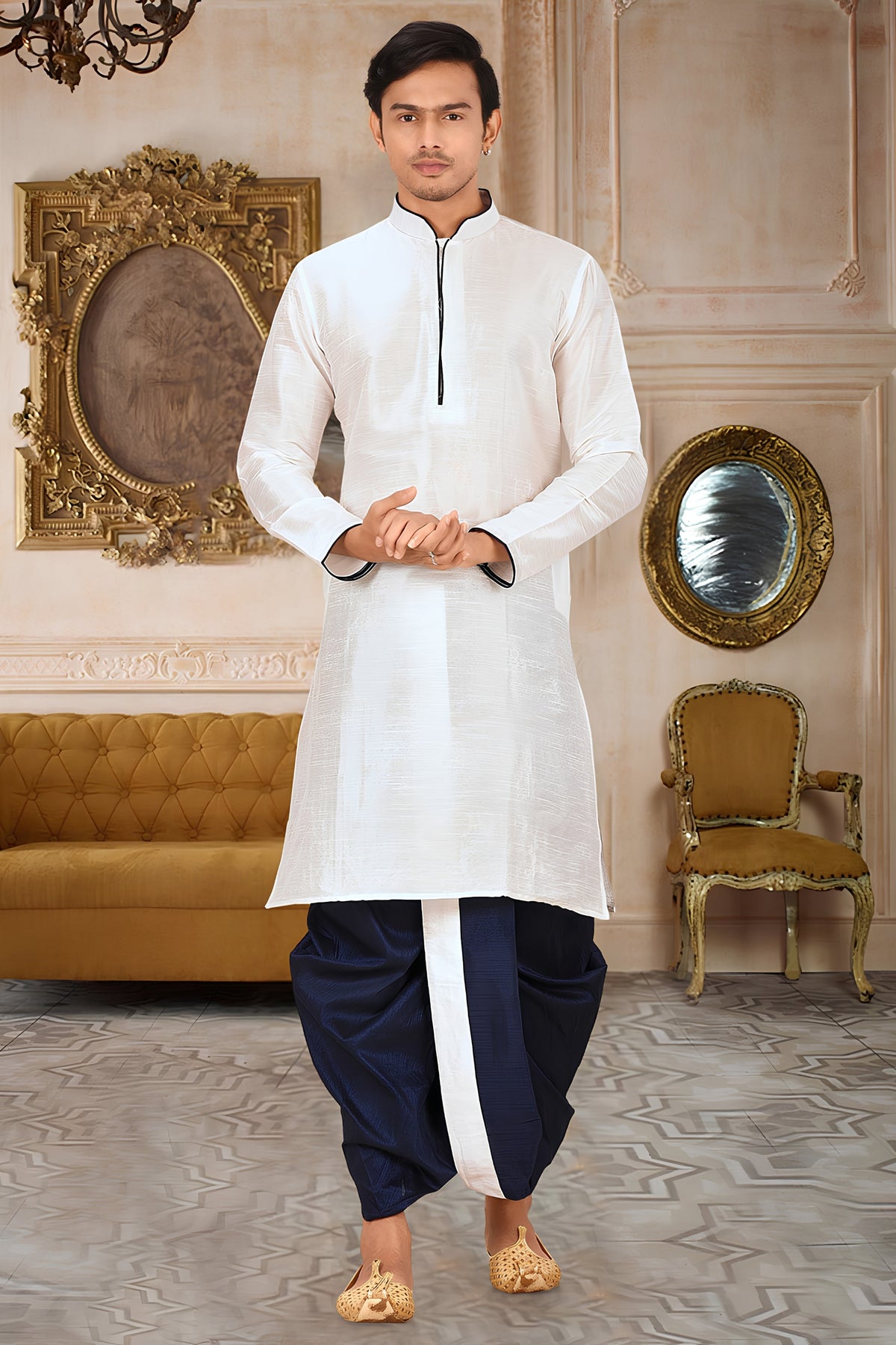 Stylish White Art Silk Kurta with Blue Dhoti Style Pyjama for Men