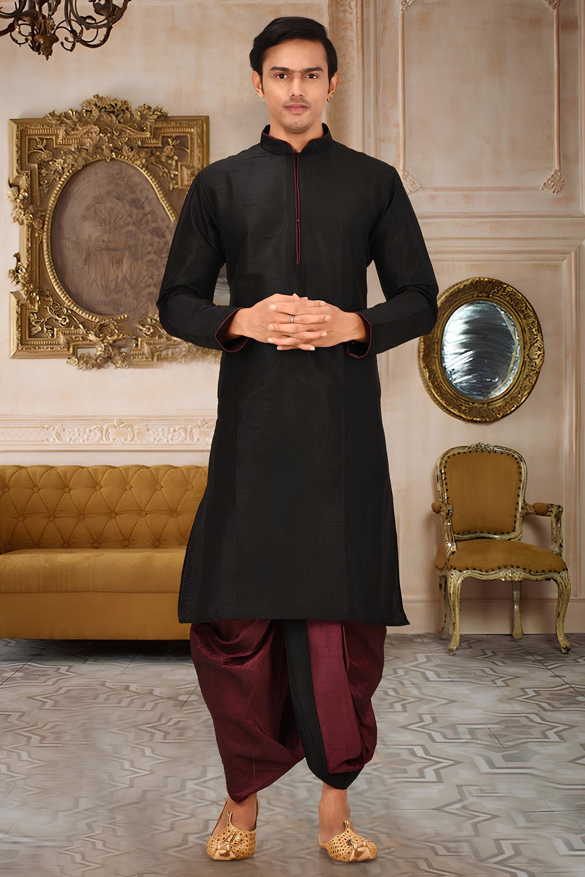 Awesome Black Art Silk Kurta with Maroon Dhoti Style Pyjama for Men