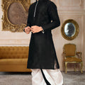 Admirable Black Art Silk Kurta with White Dhoti Style Pyjama for Men