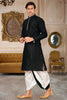 Admirable Black Art Silk Kurta with White Dhoti Style Pyjama for Men