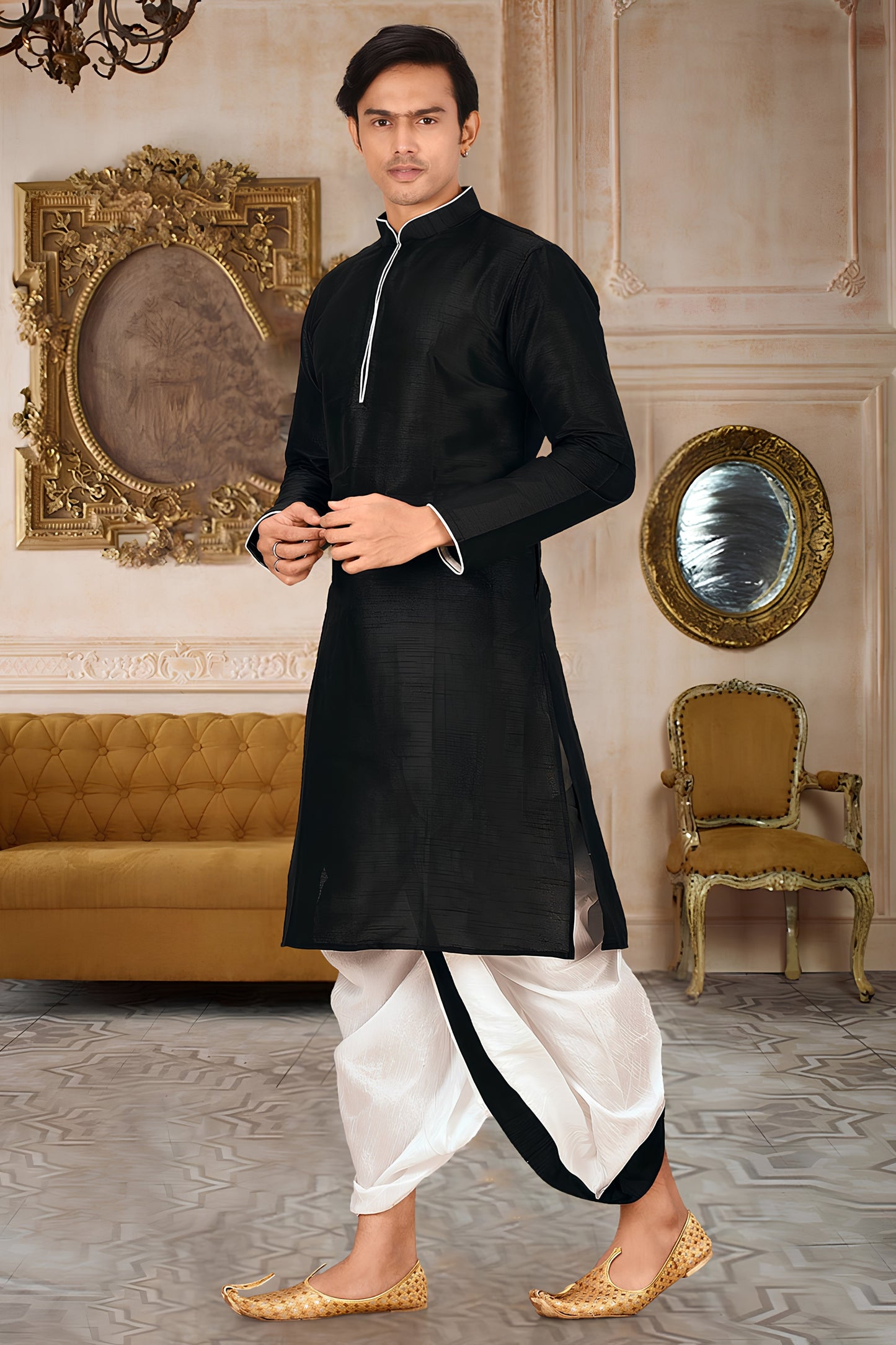 Admirable Black Art Silk Kurta with White Dhoti Style Pyjama for Men