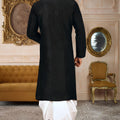 Admirable Black Art Silk Kurta with White Dhoti Style Pyjama for Men