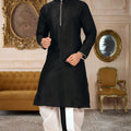 Admirable Black Art Silk Kurta with White Dhoti Style Pyjama for Men