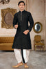 Admirable Black Art Silk Kurta with White Dhoti Style Pyjama for Men