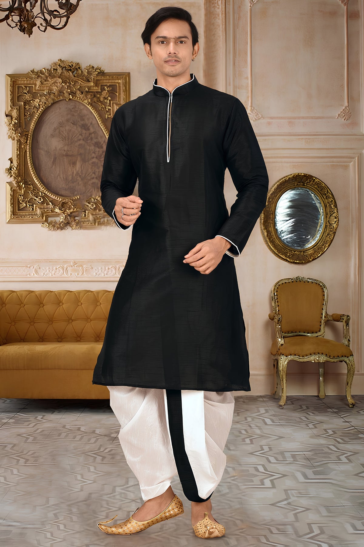 Admirable Black Art Silk Kurta with White Dhoti Style Pyjama for Men