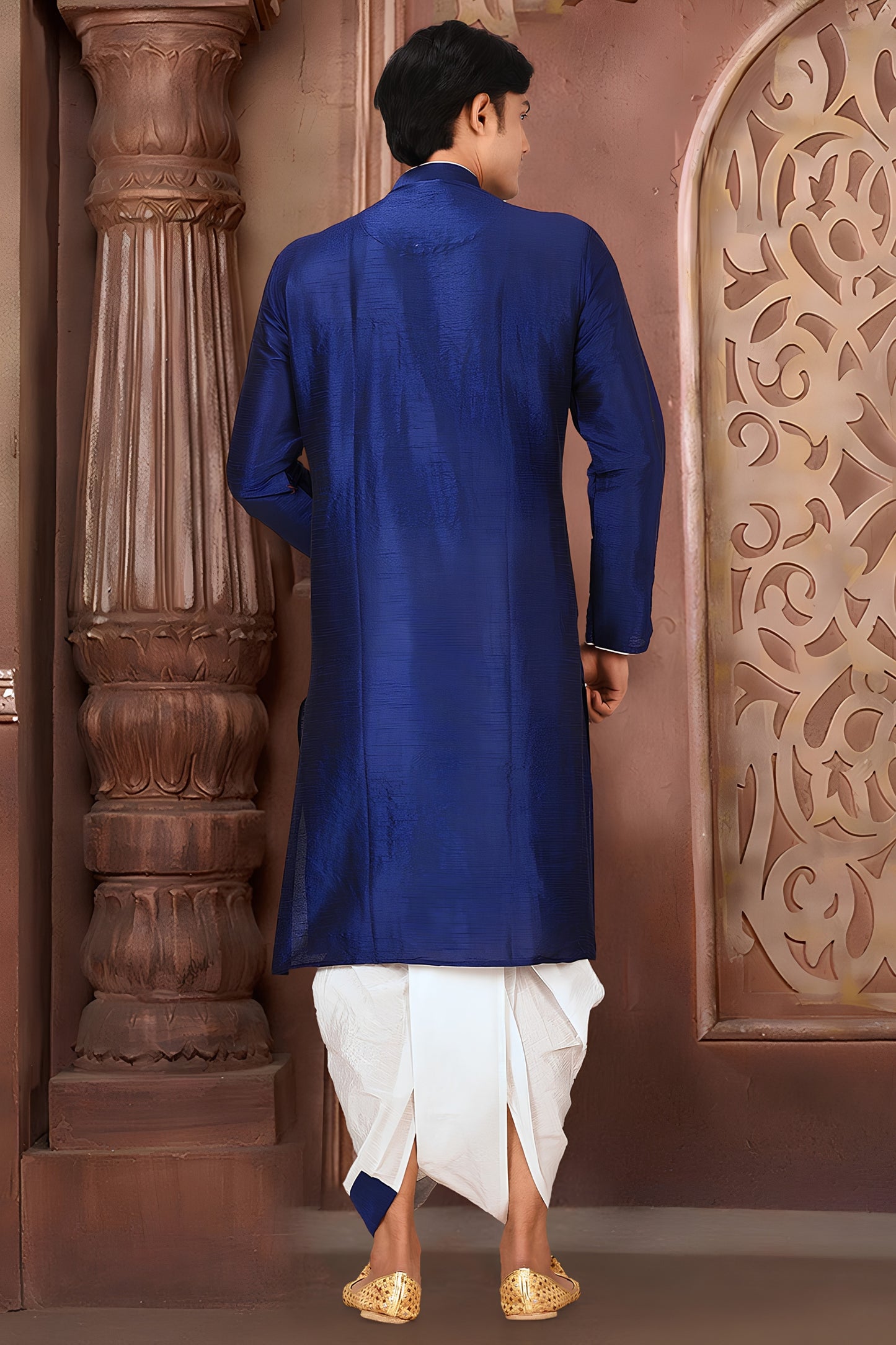Royal Blue Art Silk Kurta with White Dhoti Style Pyjama for Men